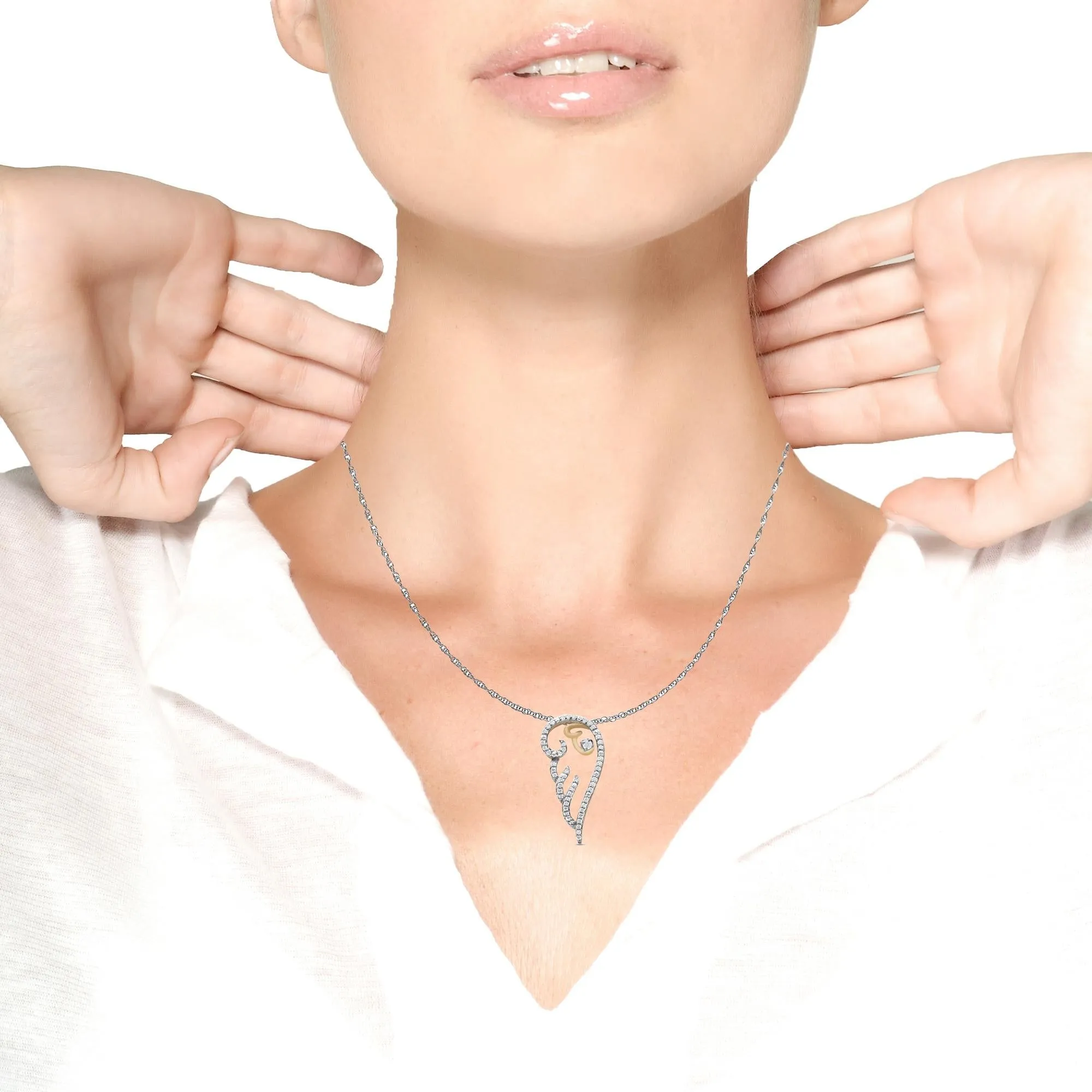 10K Yellow Gold Over .925 Sterling Silver 1/4 Cttw Diamond Angel Wing 18" Pendant Necklace (H-I Color, I1-I2 Clarity)