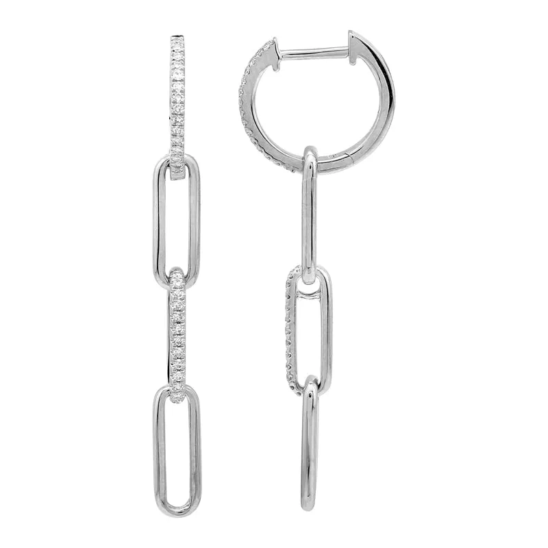 14K Gold Diamond Triple Link Paperclip Drop Huggie Earrings