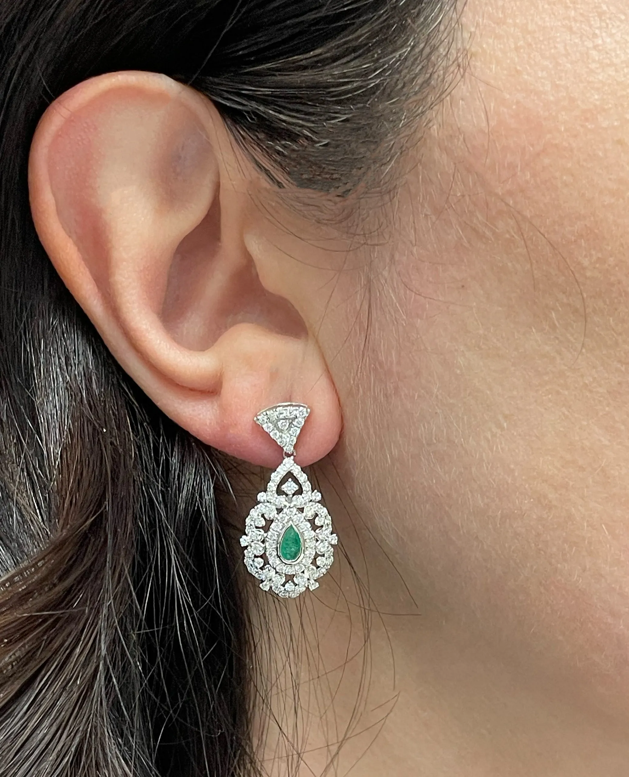 14K White Gold Modern Vintage Inspired Emerald & Diamond Earrings
