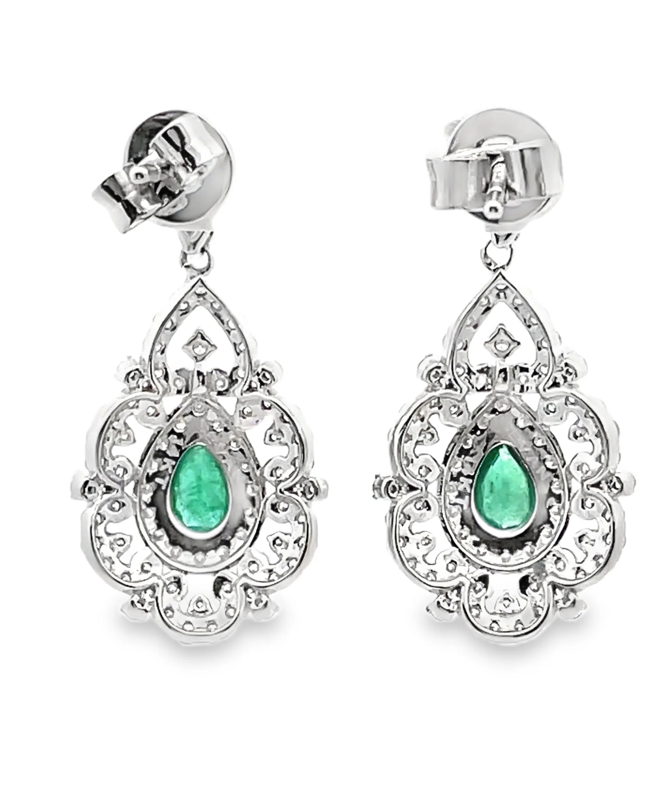 14K White Gold Modern Vintage Inspired Emerald & Diamond Earrings