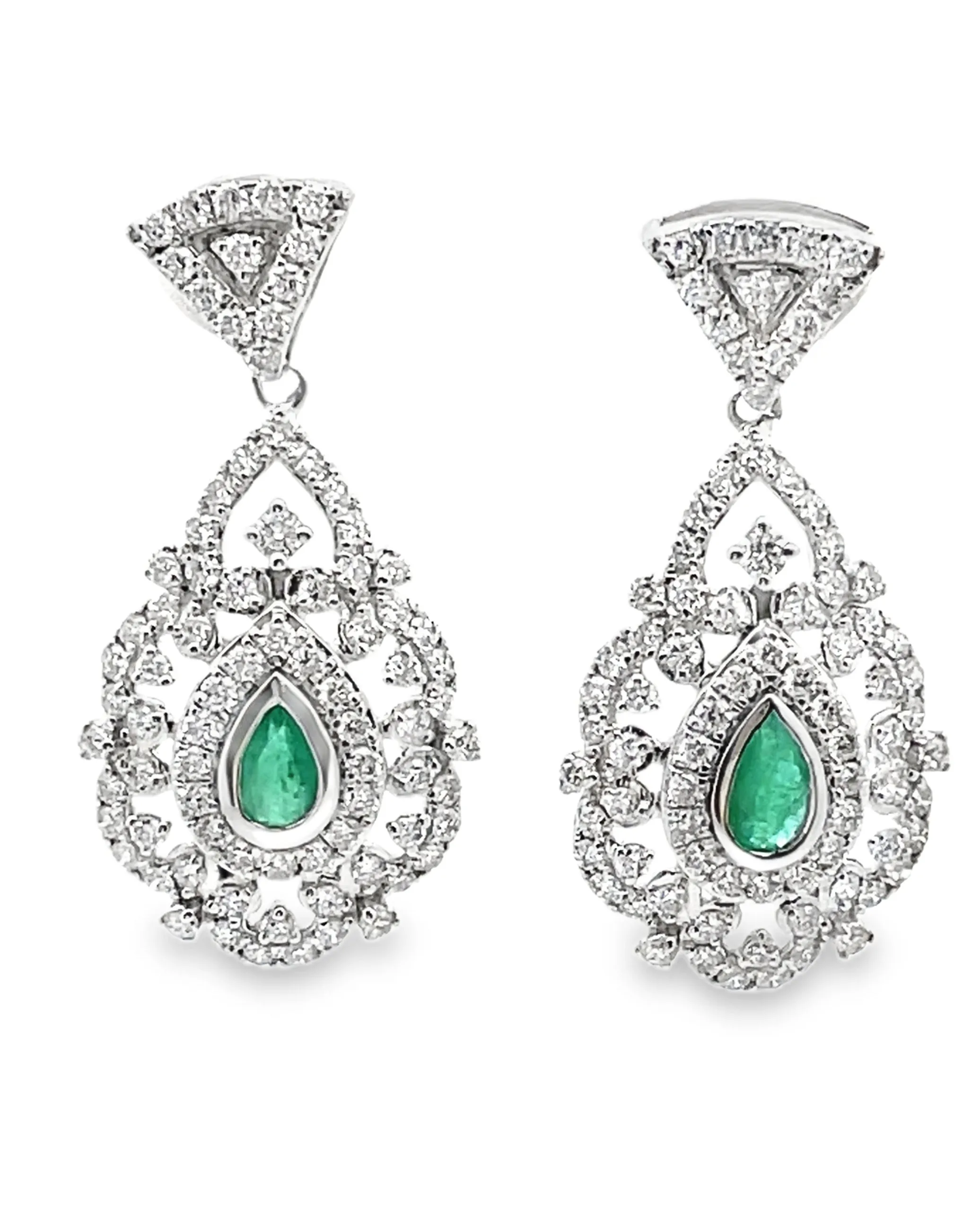 14K White Gold Modern Vintage Inspired Emerald & Diamond Earrings