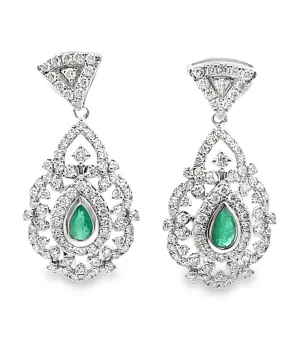 14K White Gold Modern Vintage Inspired Emerald & Diamond Earrings