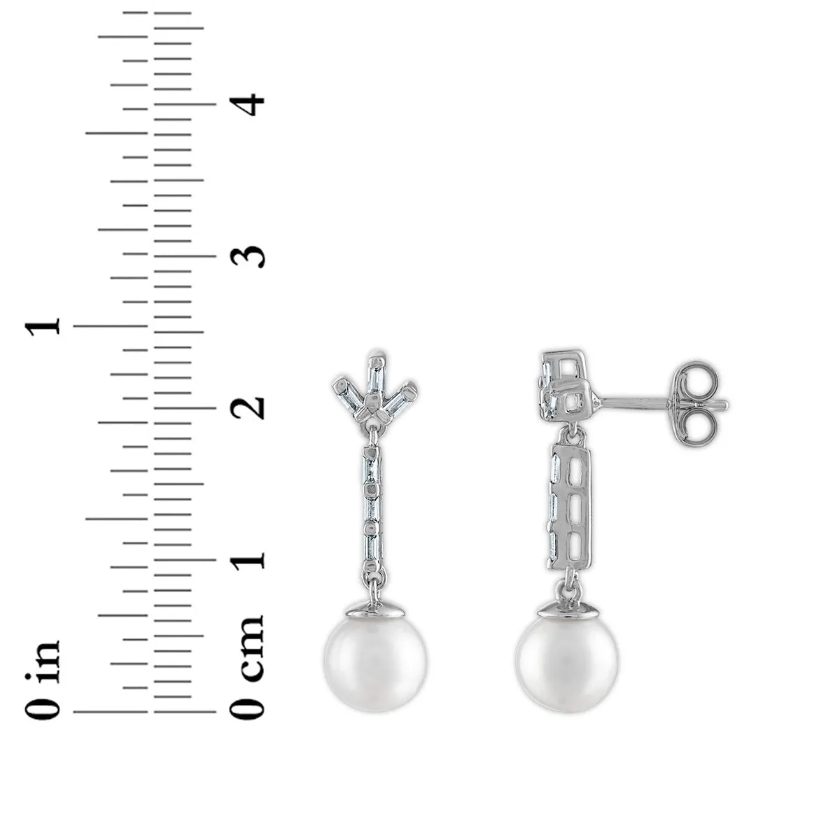 7MM Round Pearl and White Sapphire Fashion Drop & Dangle Earrings in Rhodium Plated Sterling Silver