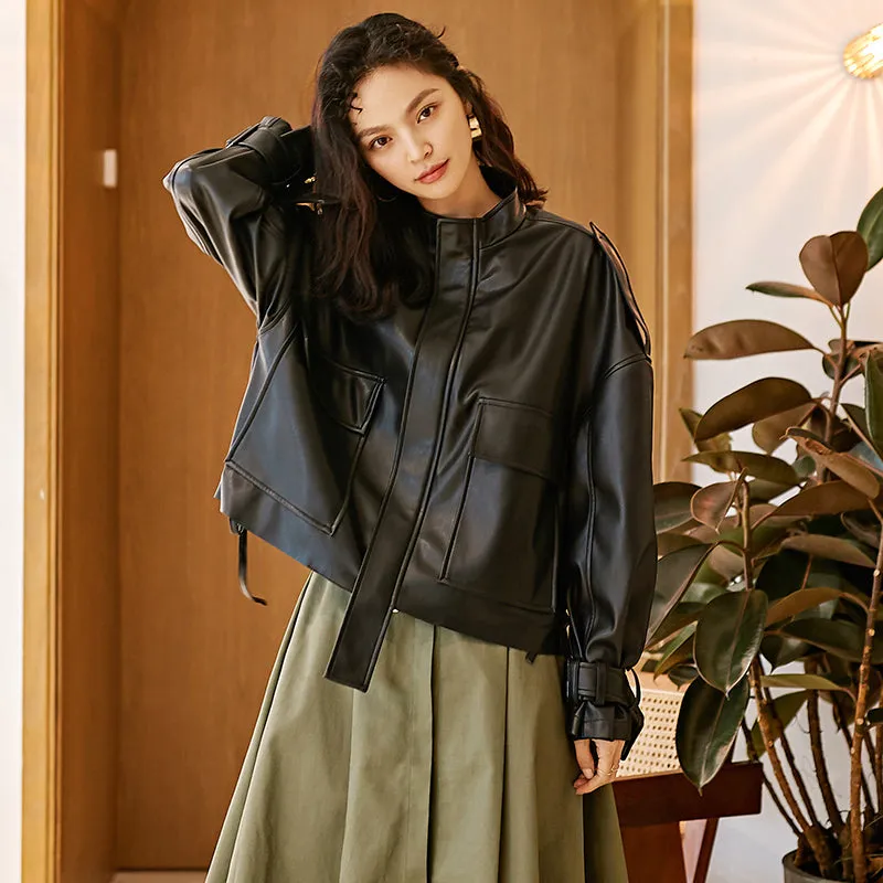 8GIRLS DESIGN OVERSIZE LEATHER JACKET WITH POCKET DETAIL