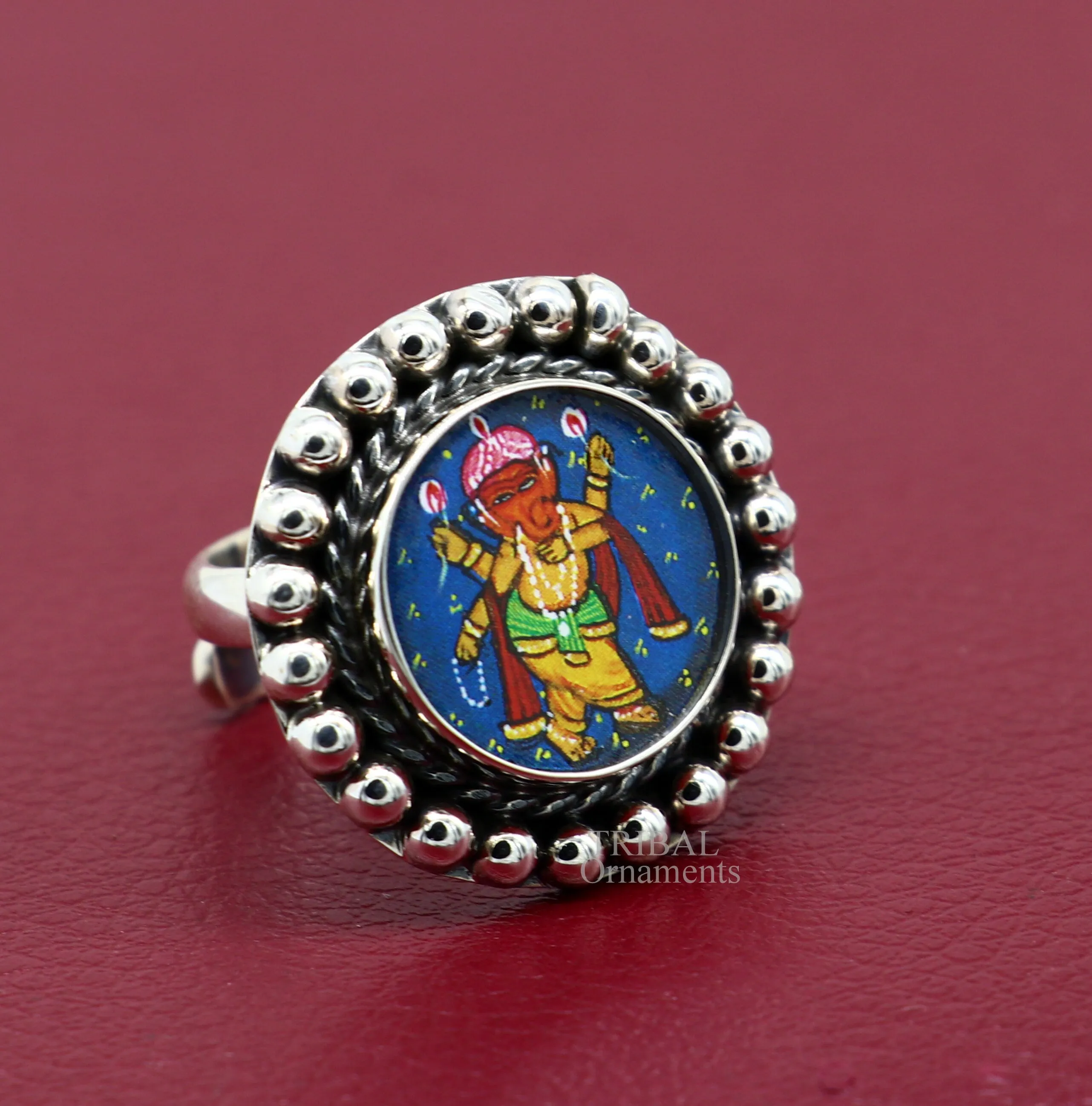 925 sterling silver adjustable ring band with fabulous lord Ganesh miniature art painting ring Stylish ethnic party jewelry RRing519