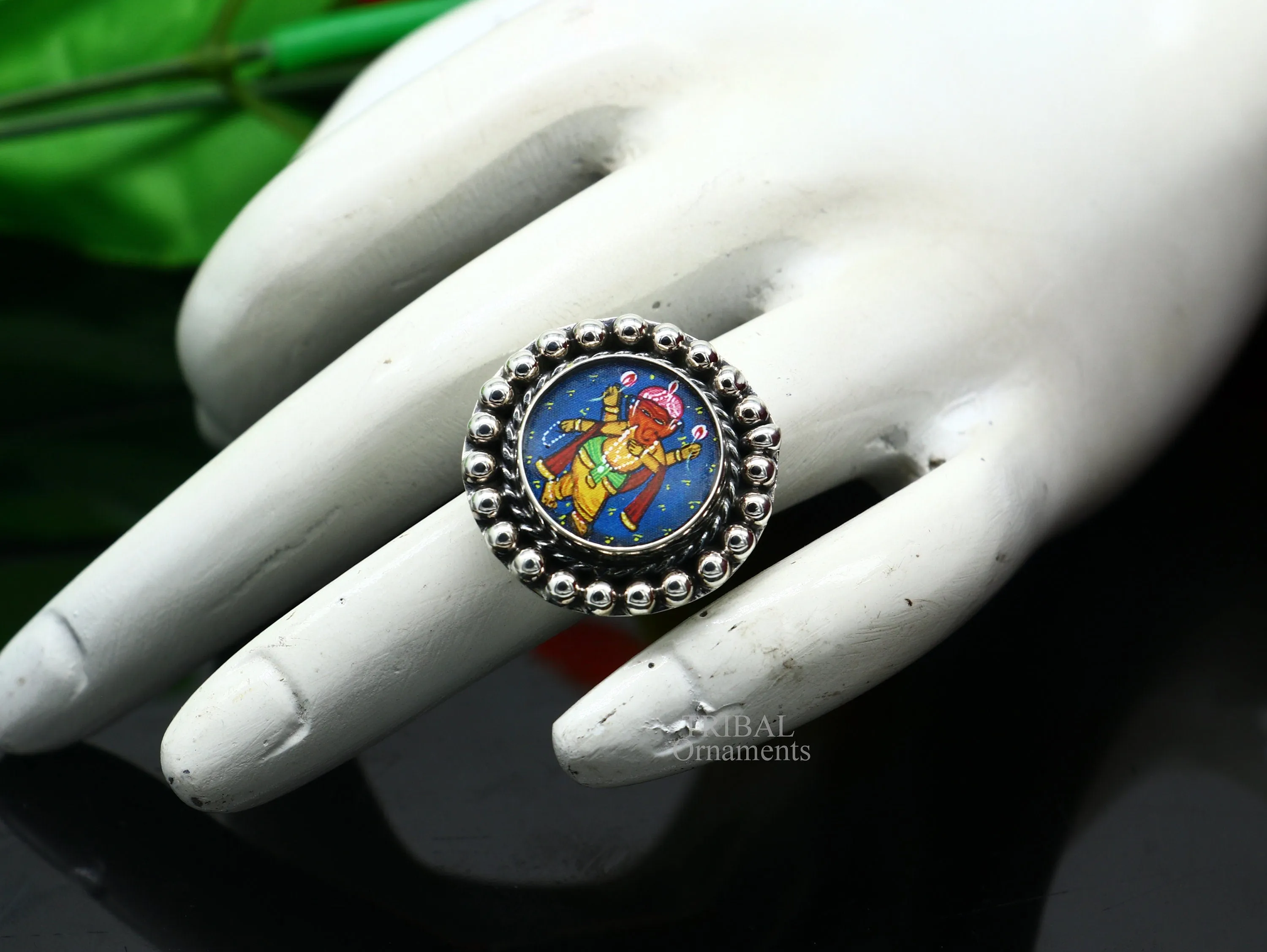 925 sterling silver adjustable ring band with fabulous lord Ganesh miniature art painting ring Stylish ethnic party jewelry RRing519