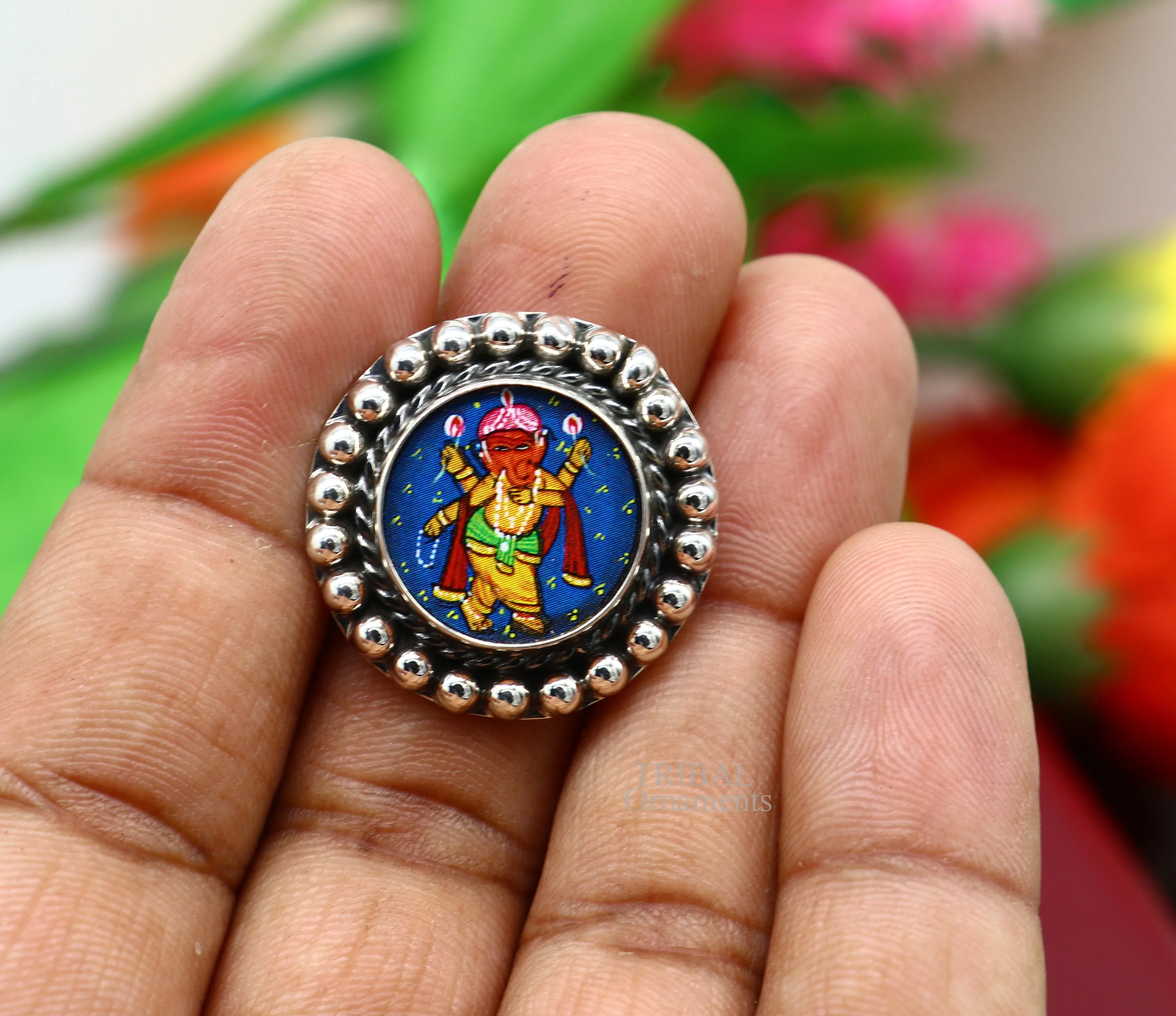 925 sterling silver adjustable ring band with fabulous lord Ganesh miniature art painting ring Stylish ethnic party jewelry RRing519