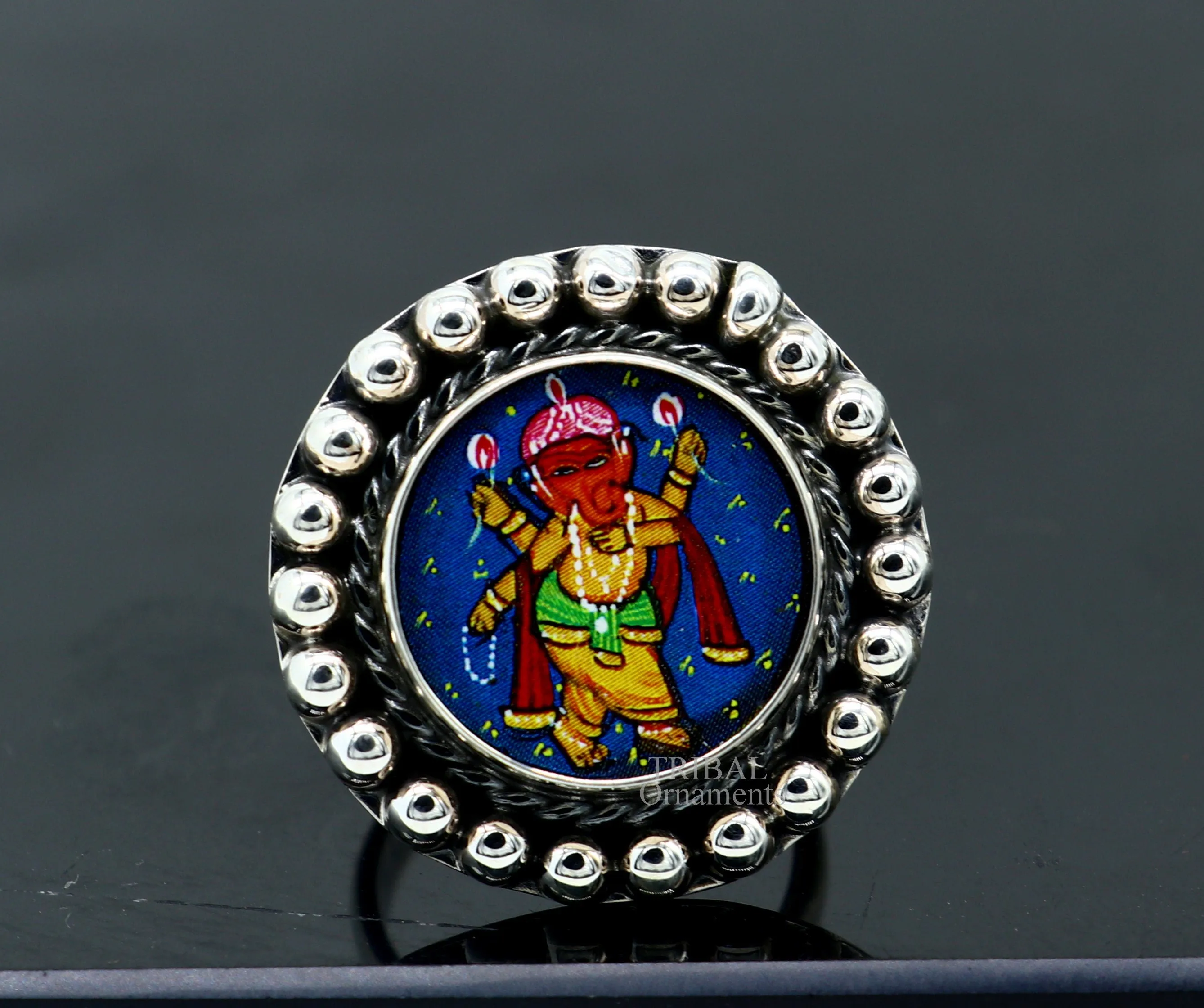 925 sterling silver adjustable ring band with fabulous lord Ganesh miniature art painting ring Stylish ethnic party jewelry RRing519