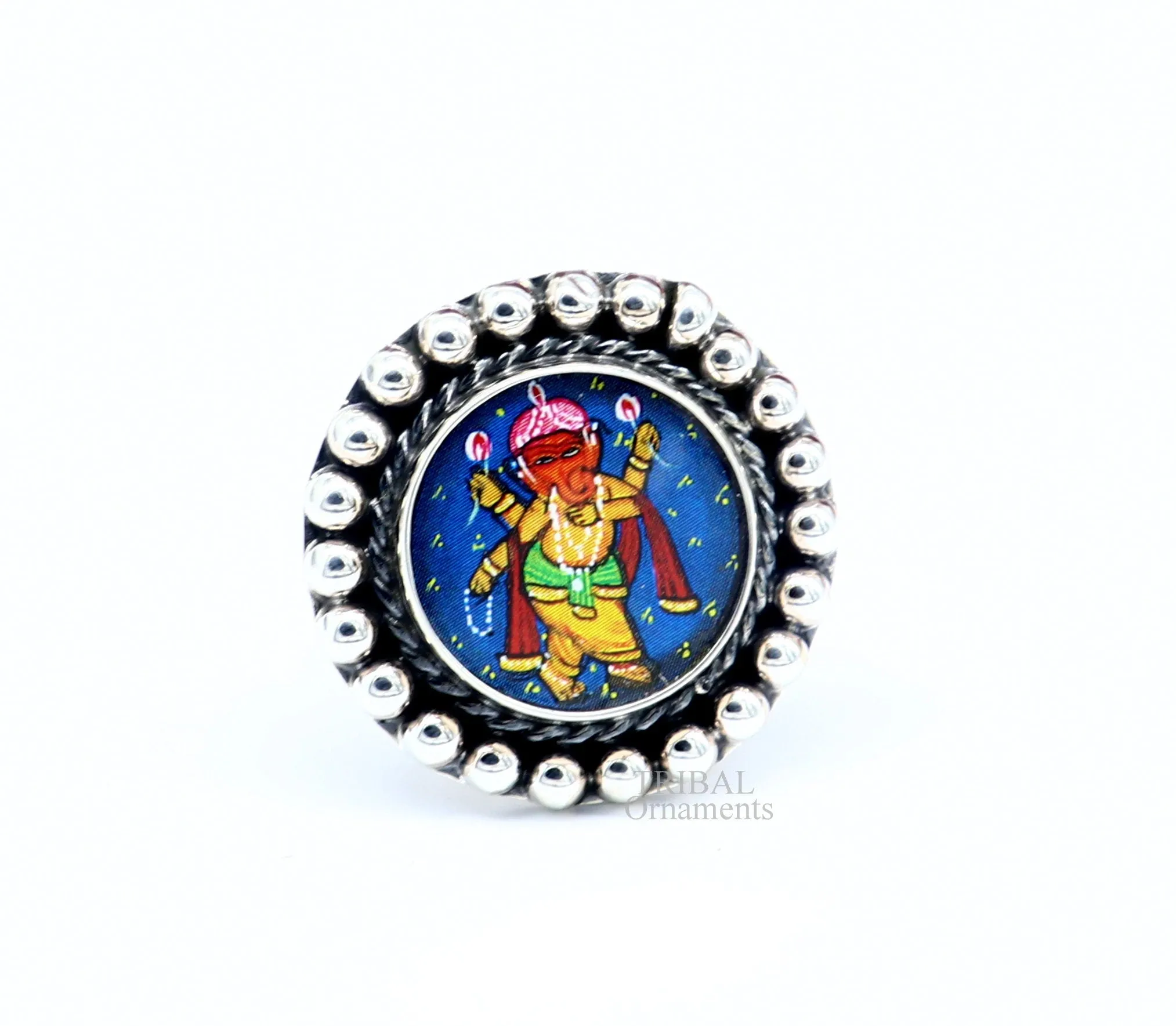 925 sterling silver adjustable ring band with fabulous lord Ganesh miniature art painting ring Stylish ethnic party jewelry RRing519