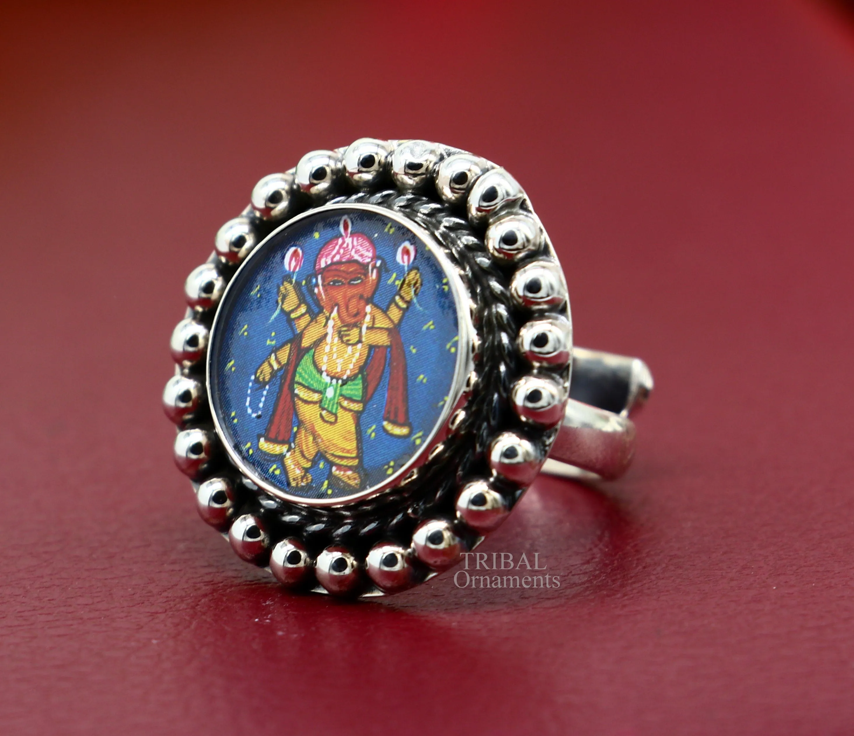 925 sterling silver adjustable ring band with fabulous lord Ganesh miniature art painting ring Stylish ethnic party jewelry RRing519