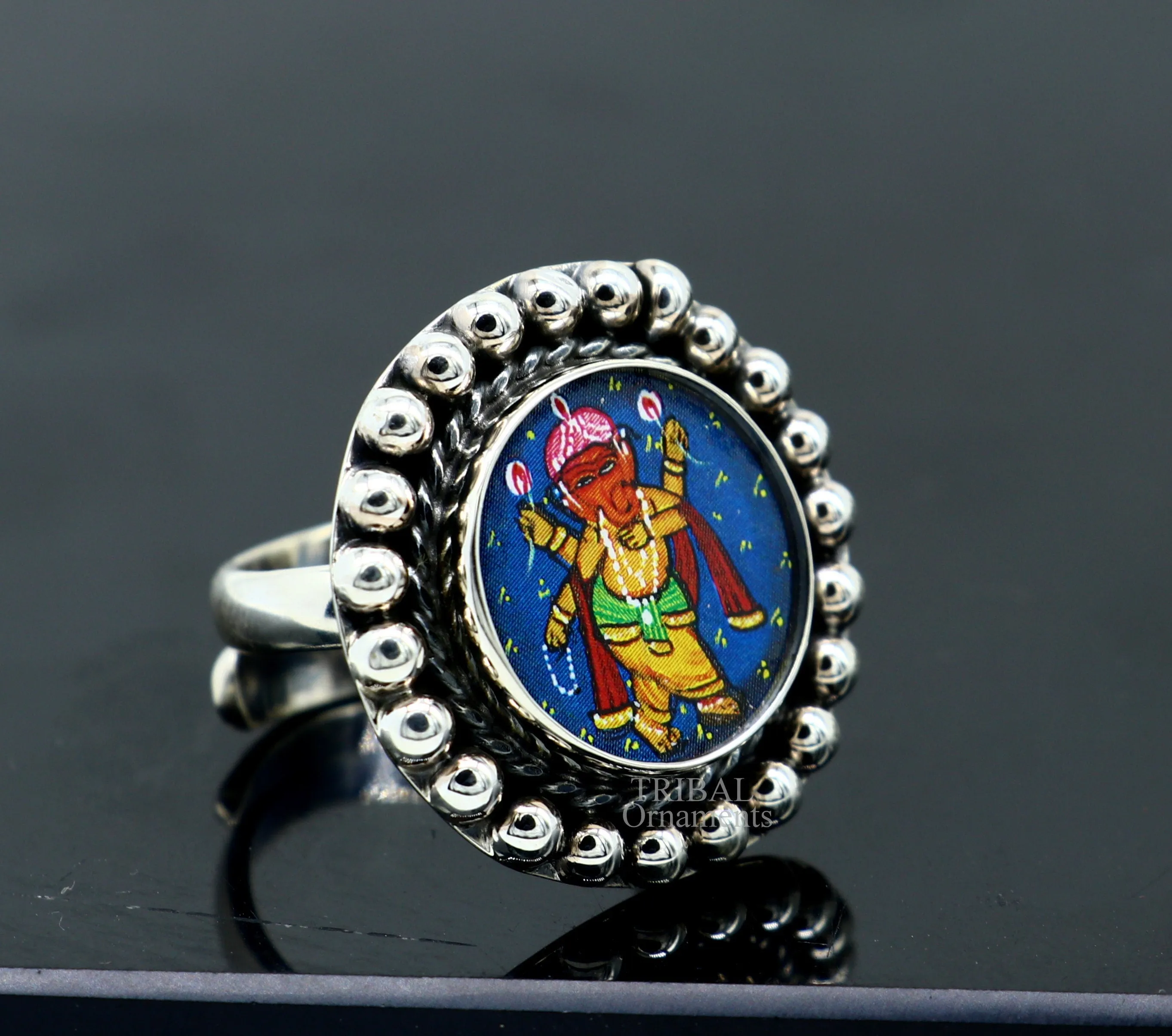 925 sterling silver adjustable ring band with fabulous lord Ganesh miniature art painting ring Stylish ethnic party jewelry RRing519