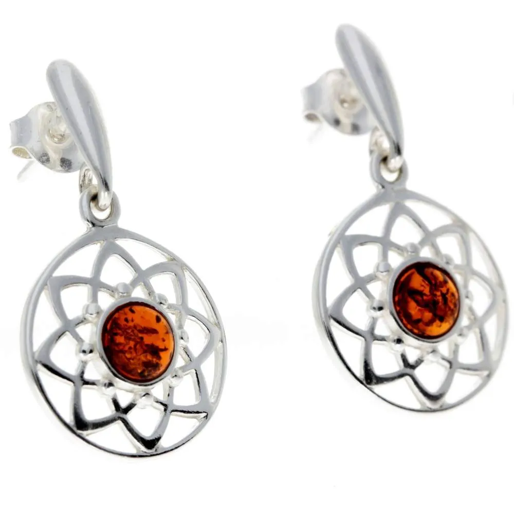 925 Sterling Silver & Baltic Amber Celtic Drop Earrings - GL145