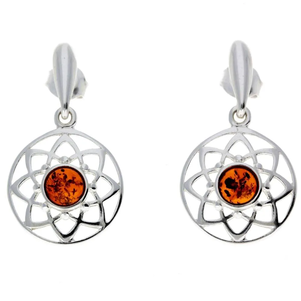 925 Sterling Silver & Baltic Amber Celtic Drop Earrings - GL145