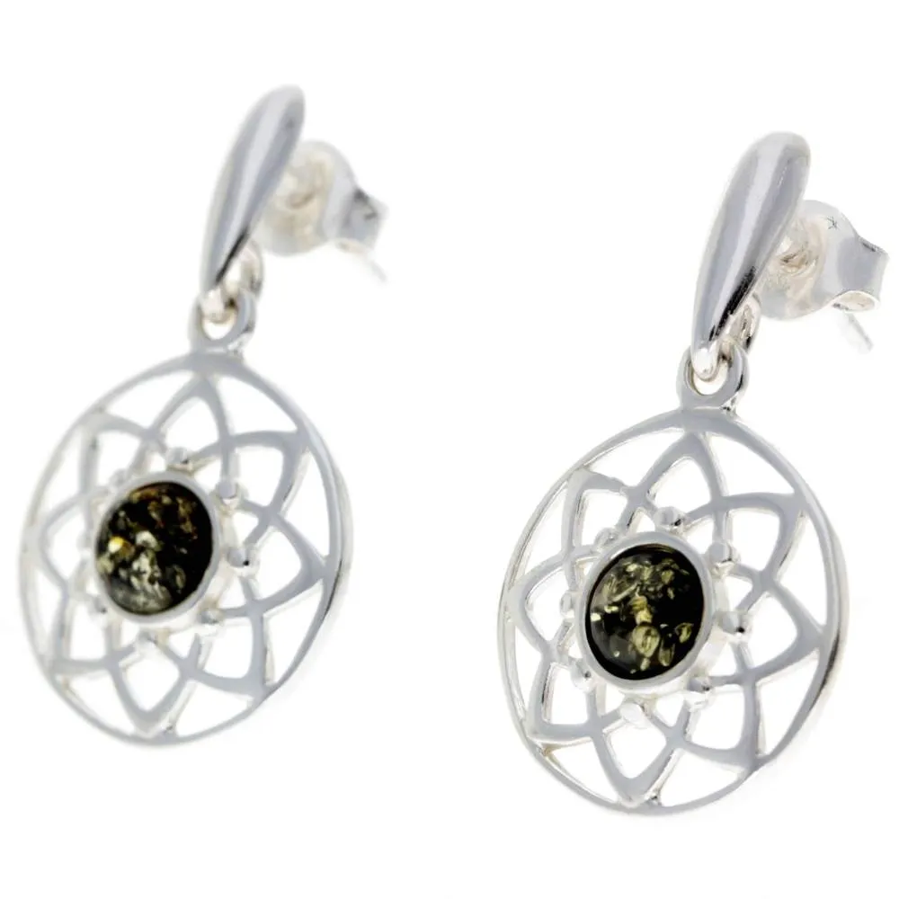 925 Sterling Silver & Baltic Amber Celtic Drop Earrings - GL145