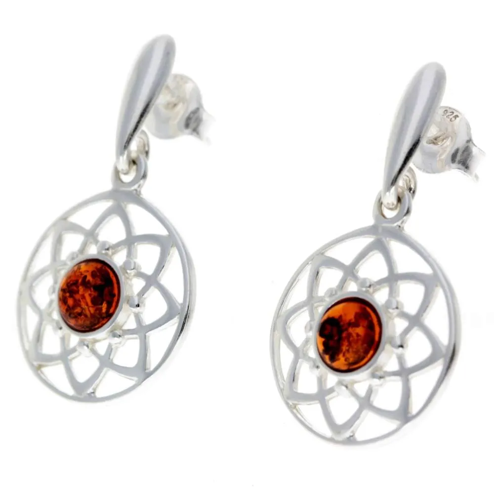 925 Sterling Silver & Baltic Amber Celtic Drop Earrings - GL145