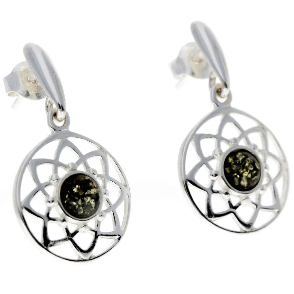 925 Sterling Silver & Baltic Amber Celtic Drop Earrings - GL145