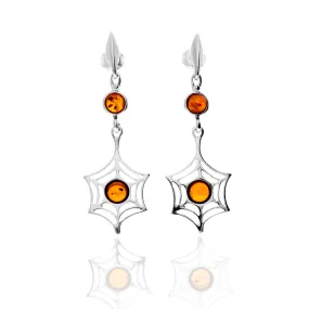 925 Sterling Silver & Genuine Baltic Amber Modern Drop Earrings - GL1048