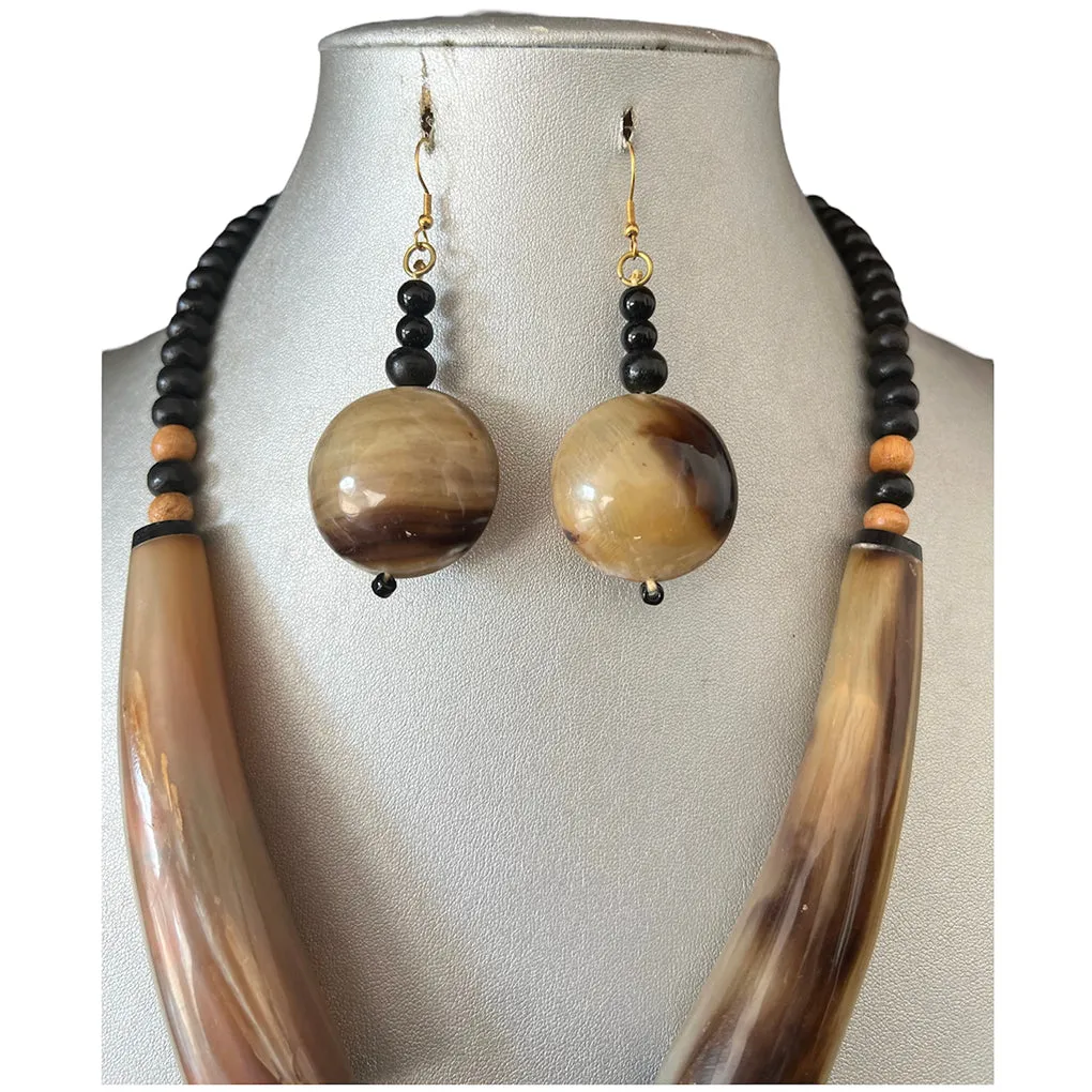 African Tribal Wooden Necklace and Earrings Set