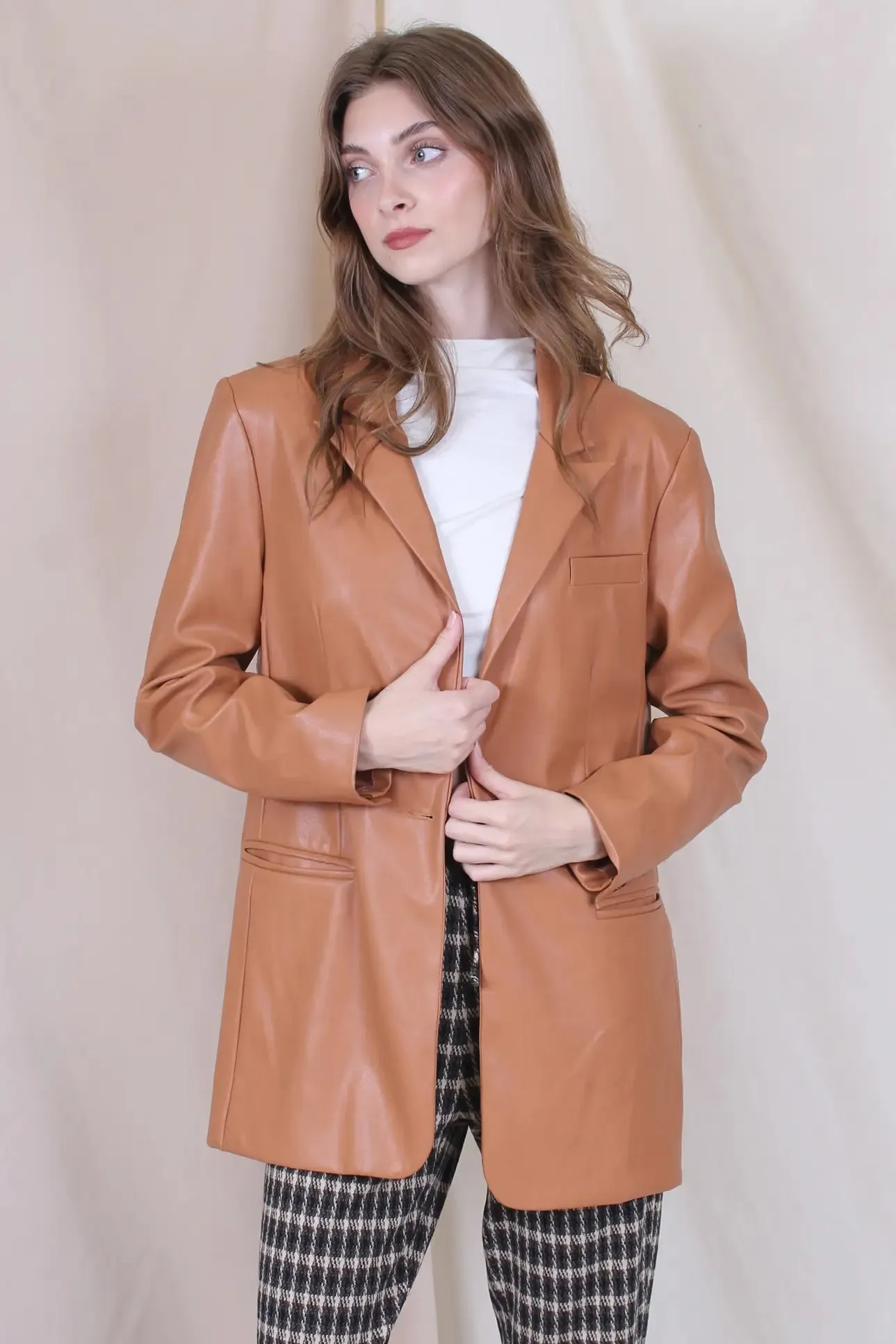 Andie Relaxed Fit Camel Pleather Blazer