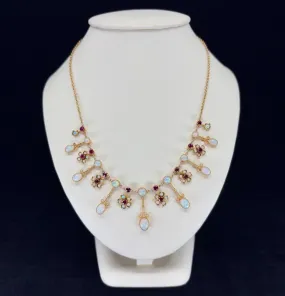 Antique Victorian Opal and Ruby Gold Fringe Necklace