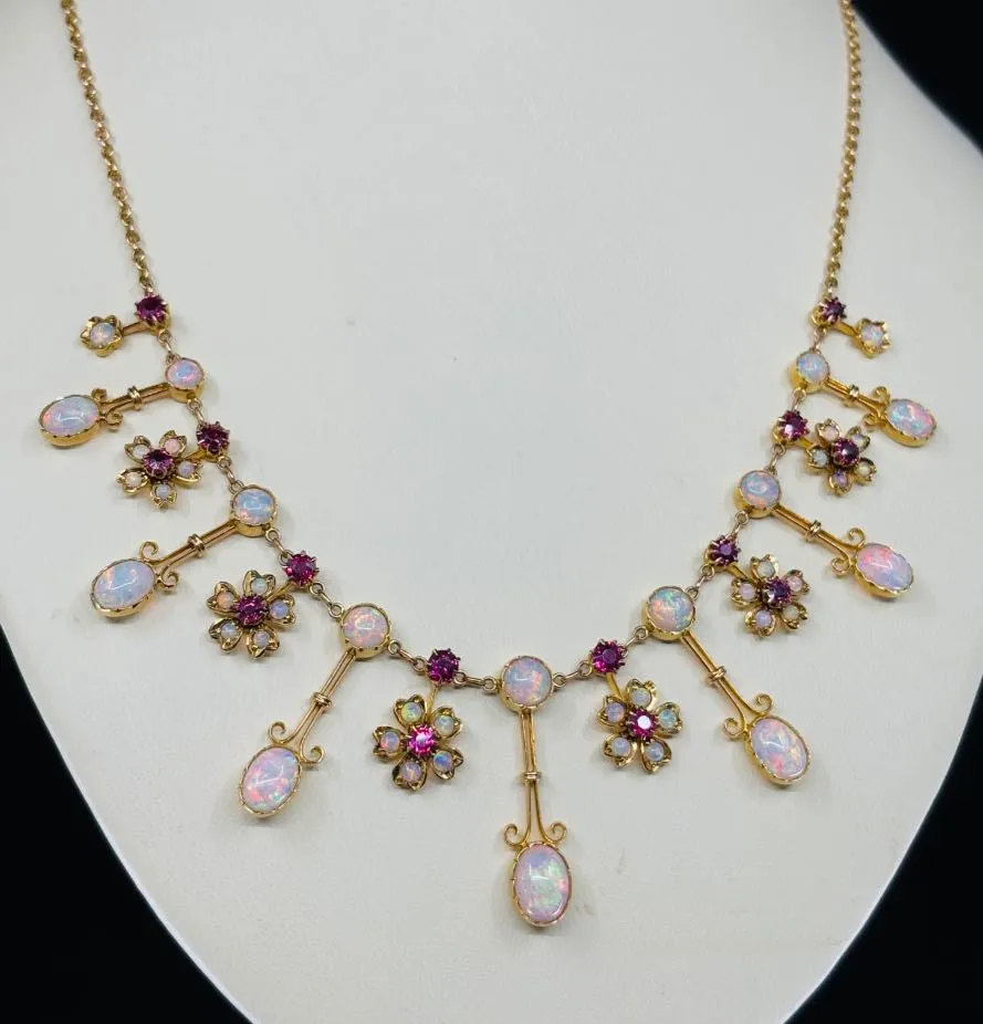 Antique Victorian Opal and Ruby Gold Fringe Necklace