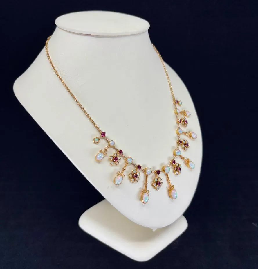 Antique Victorian Opal and Ruby Gold Fringe Necklace