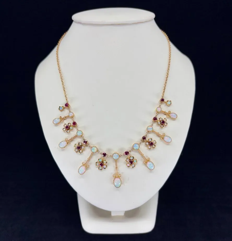 Antique Victorian Opal and Ruby Gold Fringe Necklace