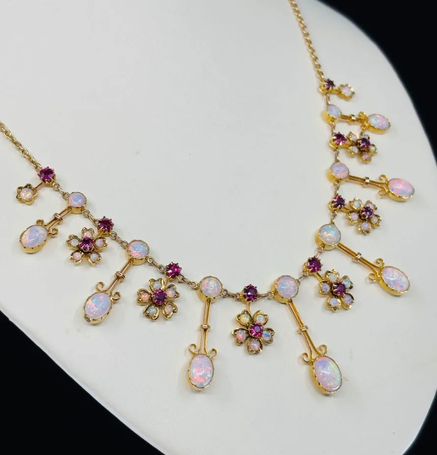 Antique Victorian Opal and Ruby Gold Fringe Necklace