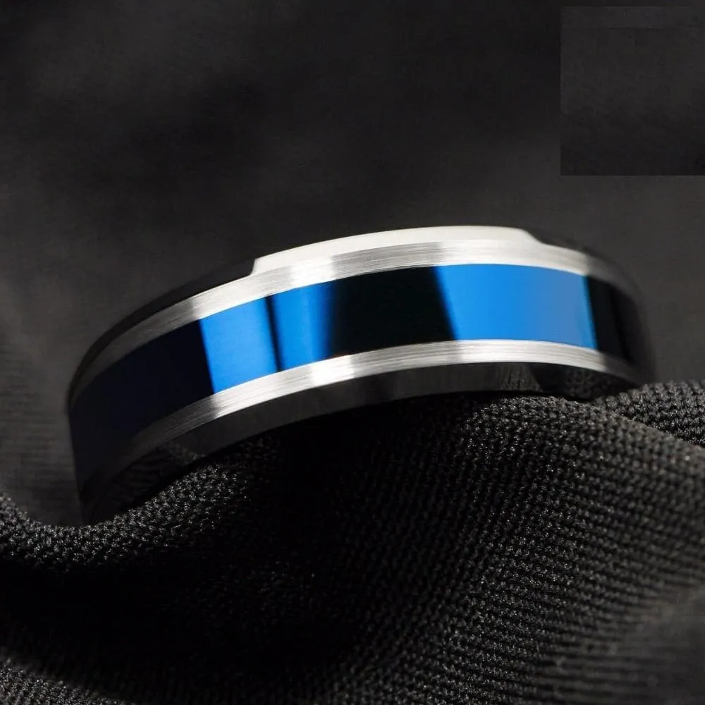 ATOP Design Men's Fashion Stylish Silver & Blue Tungsten Luxury Statement Ring