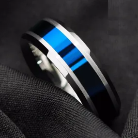 ATOP Design Men's Fashion Stylish Silver & Blue Tungsten Luxury Statement Ring