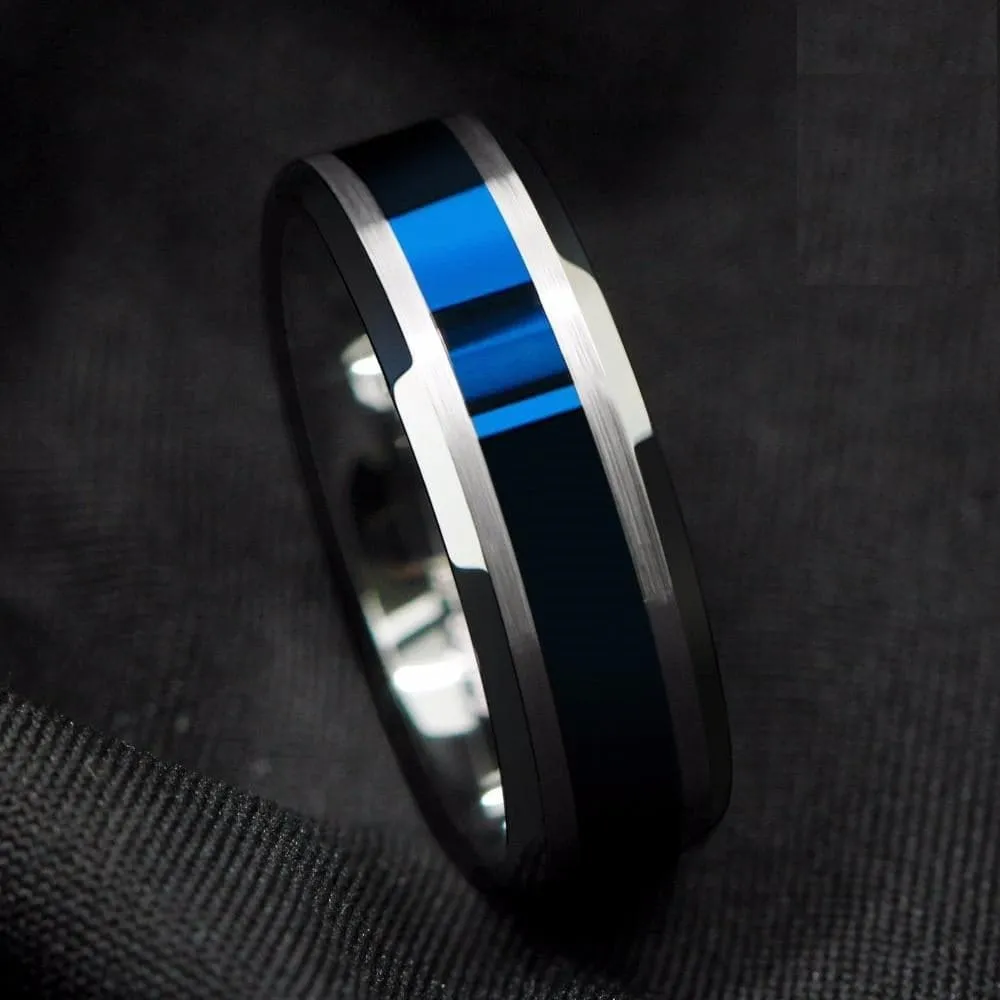 ATOP Design Men's Fashion Stylish Silver & Blue Tungsten Luxury Statement Ring