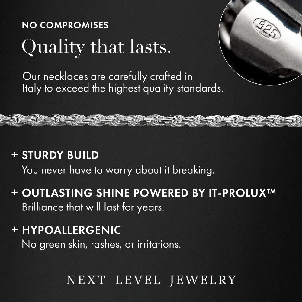 Authentic 925 Sterling Silver 1.5MM Rope Diamond-Cut Chain Necklaces, Solid 925 Italy,