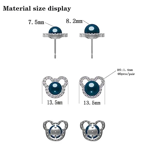 BAMIKI Pearl Earrings Cute Mickey Mouse Studs for Women, S925 Sterling Silver and Sapphire Blue CZ Earrings, White Freshwater Cultured Pearls Jewelry Gifts Hypoallergenic Earrings