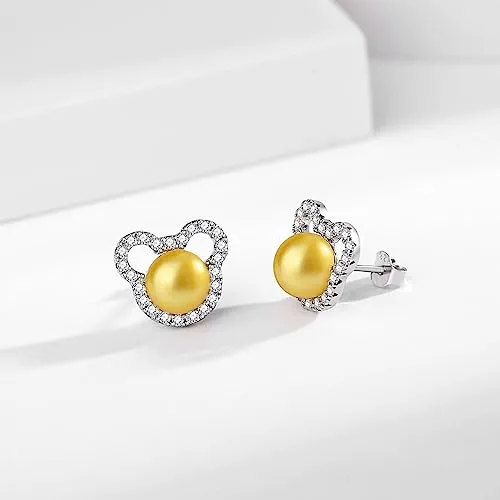 BAMIKI Pearl Earrings Cute Mickey Mouse Studs for Women, S925 Sterling Silver and Sapphire Blue CZ Earrings, White Freshwater Cultured Pearls Jewelry Gifts Hypoallergenic Earrings