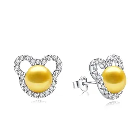 BAMIKI Pearl Earrings Cute Mickey Mouse Studs for Women, S925 Sterling Silver and Sapphire Blue CZ Earrings, White Freshwater Cultured Pearls Jewelry Gifts Hypoallergenic Earrings