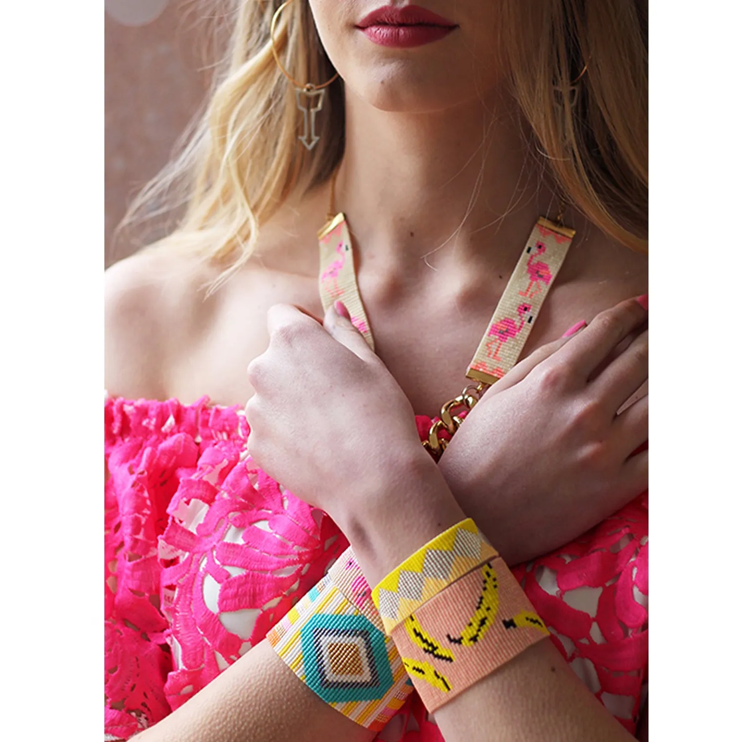 Bananas Woven Beaded Bracelet - Peach