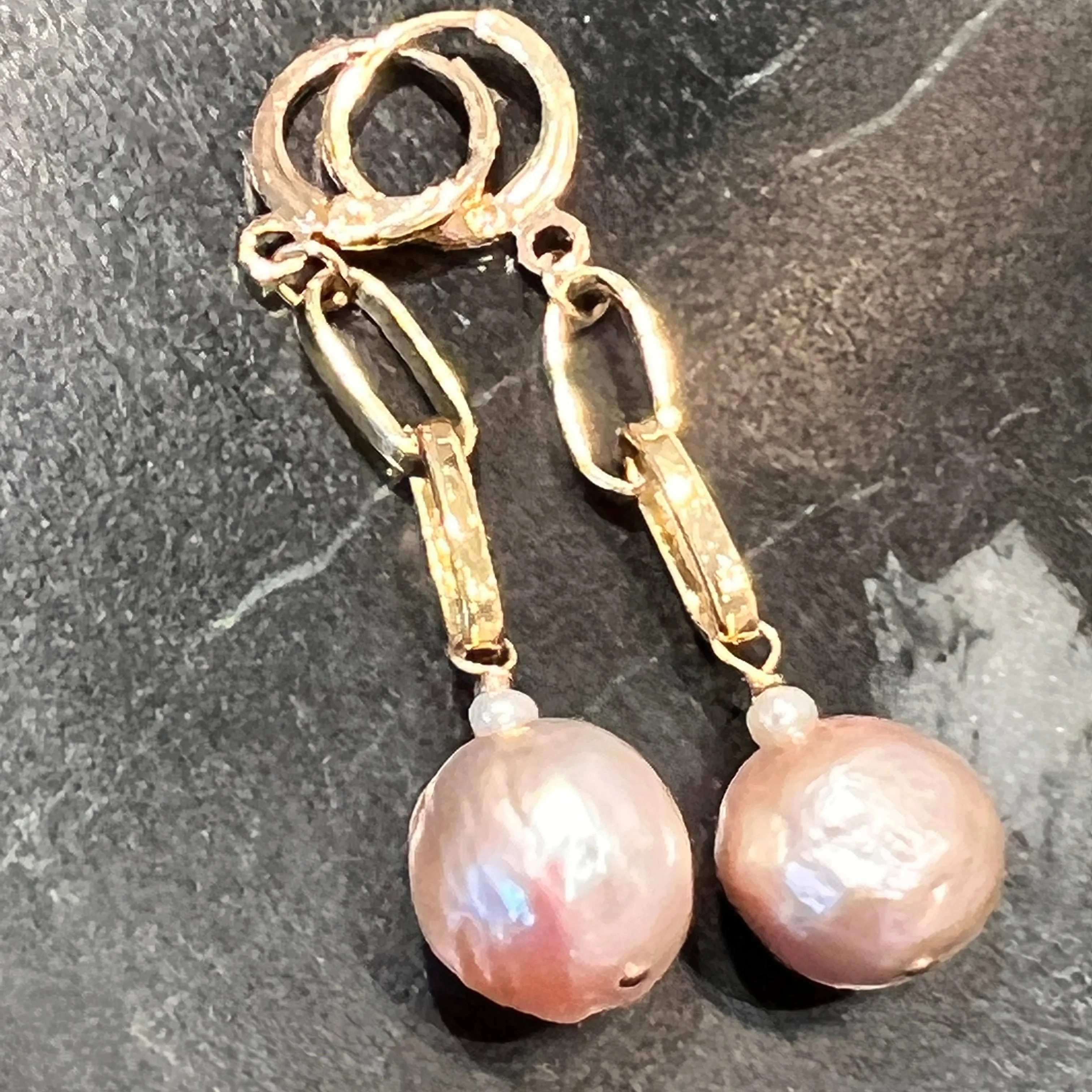 Baroque Pink Pearl Statement Earrings on Large GF Paperclip Chains