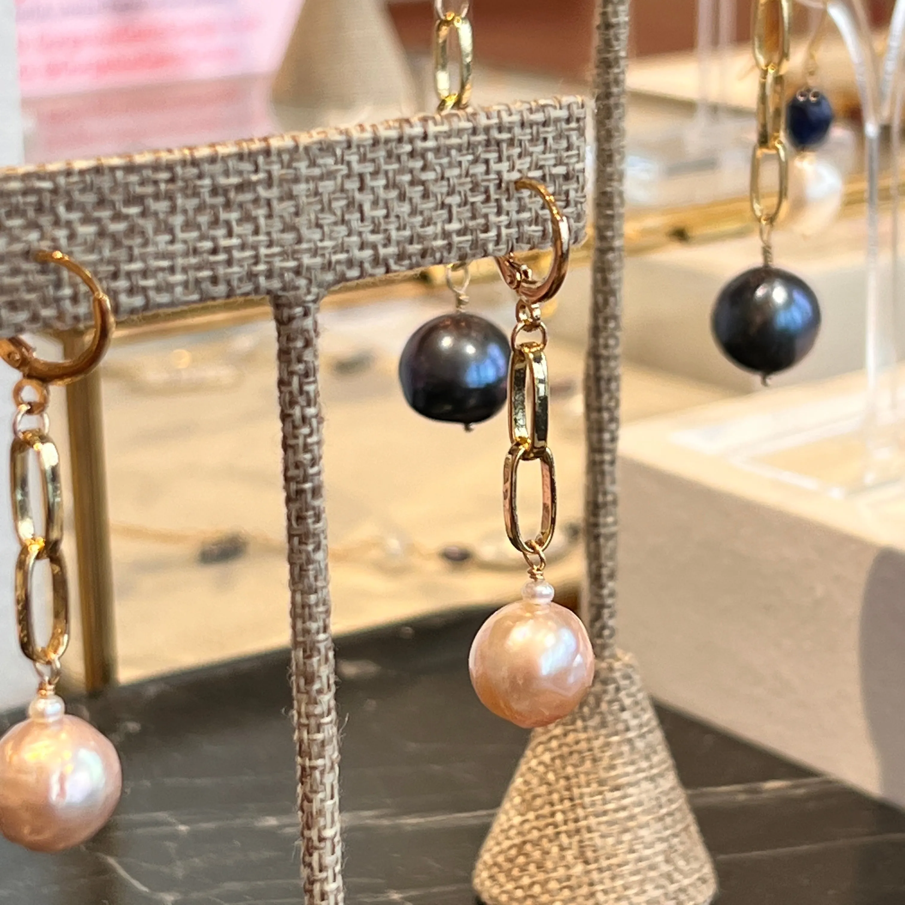 Baroque Pink Pearl Statement Earrings on Large GF Paperclip Chains