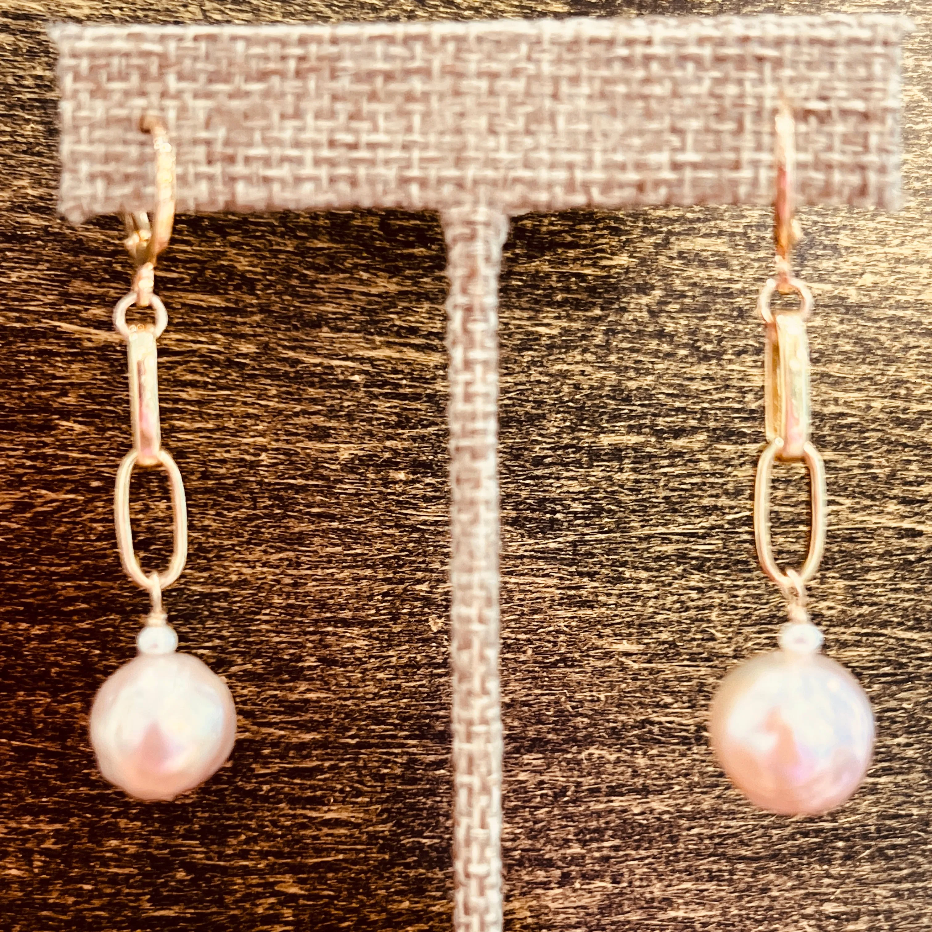 Baroque Pink Pearl Statement Earrings on Large GF Paperclip Chains