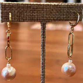 Baroque Pink Pearl Statement Earrings on Large GF Paperclip Chains