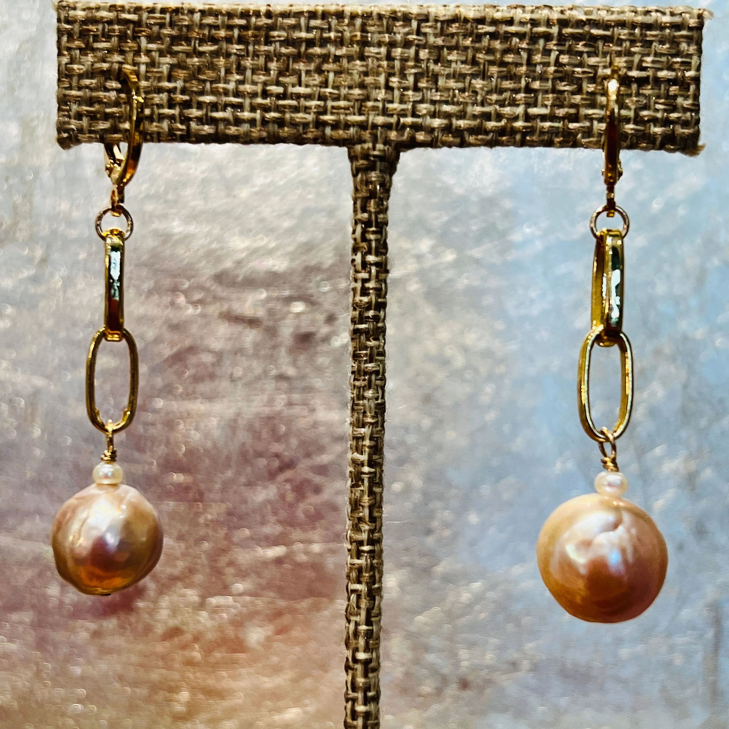 Baroque Pink Pearl Statement Earrings on Large GF Paperclip Chains