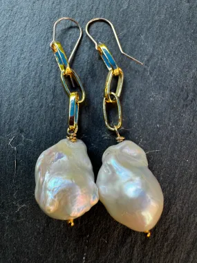 Baroque White Pearl Statement Earrings on Large GF Paperclip Chains