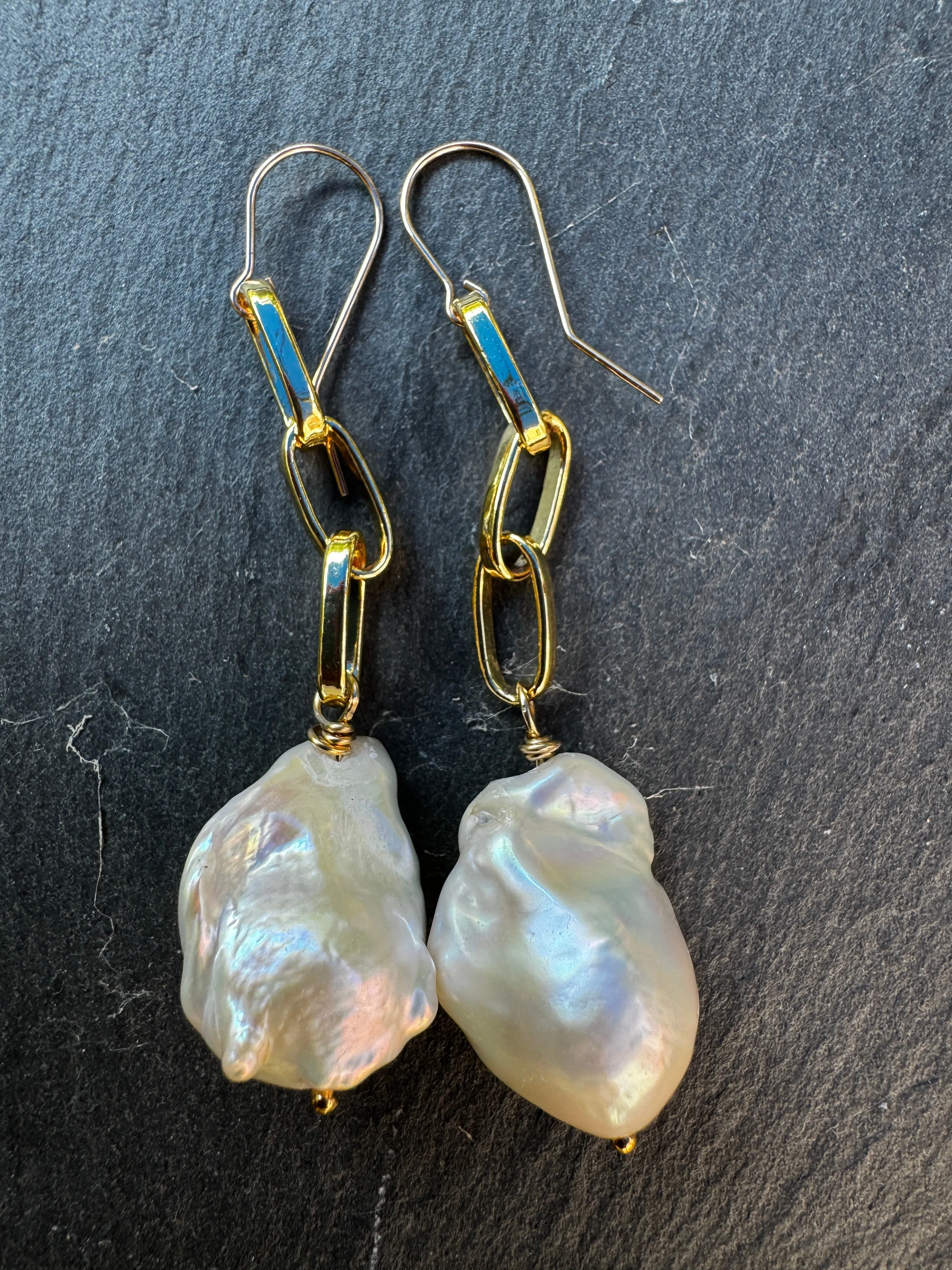 Baroque White Pearl Statement Earrings on Large GF Paperclip Chains