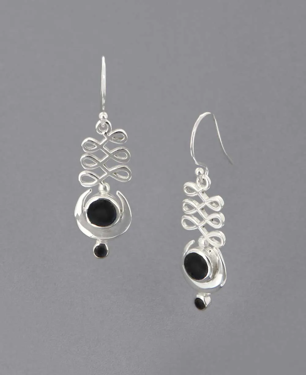 Black Onyx and Sterling Silver Unalome Moon Earrings