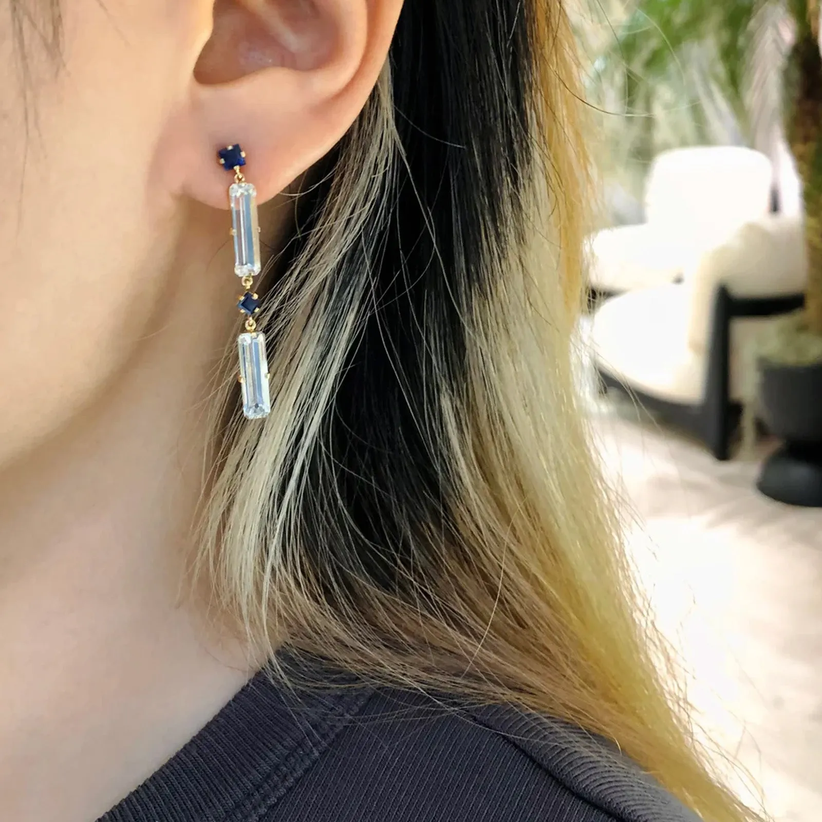 Blue Sapphire and White Topaz Cascade Earrings