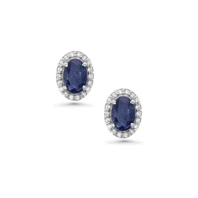 Blue Sapphire Oval Shape Halo Diamonds Studs Earrings (1.60 ct.) in 14K Gold
