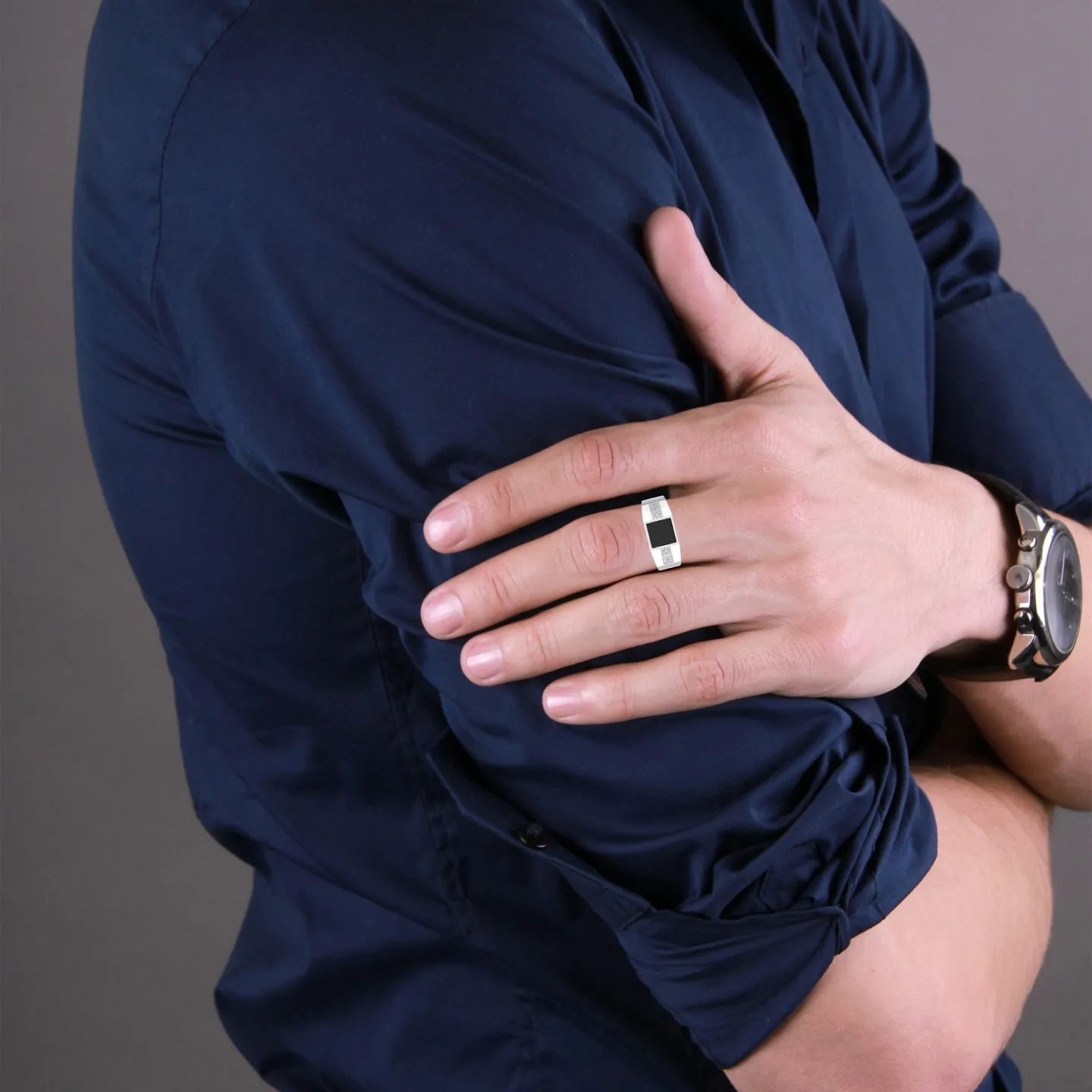 Center Black Stone Men's Silver Ring
