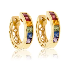 Channel Set Princess Cut Rainbow Sapphire Hoop Earrings
