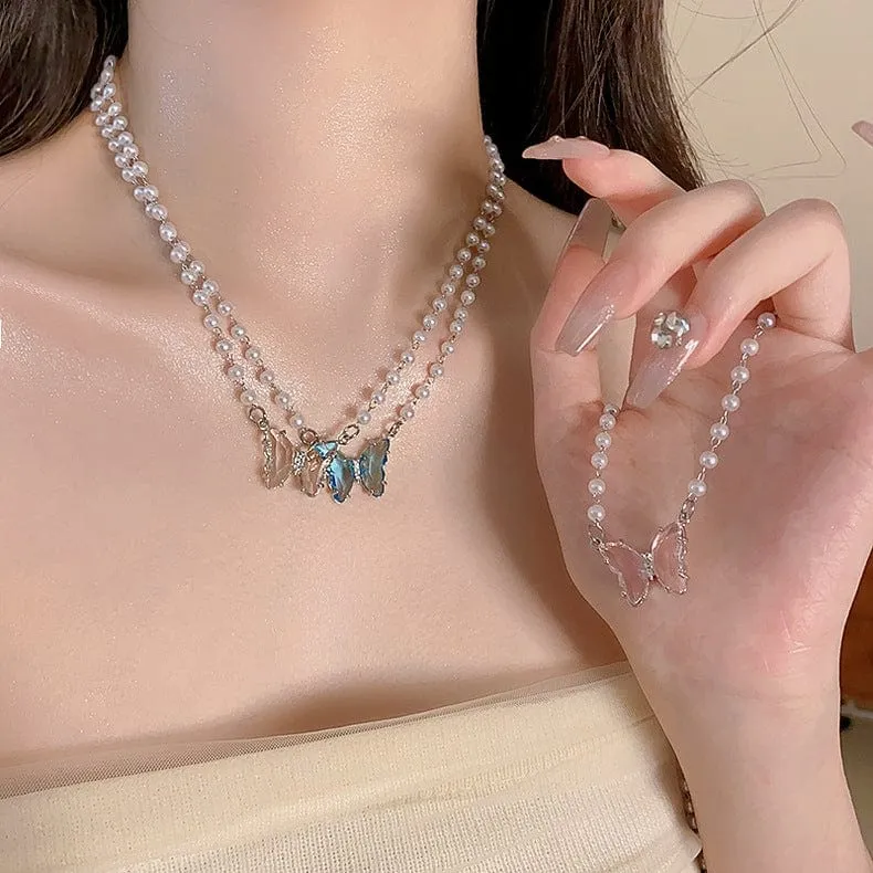 Charming Butterfly Pendant Pearl Chain Necklace