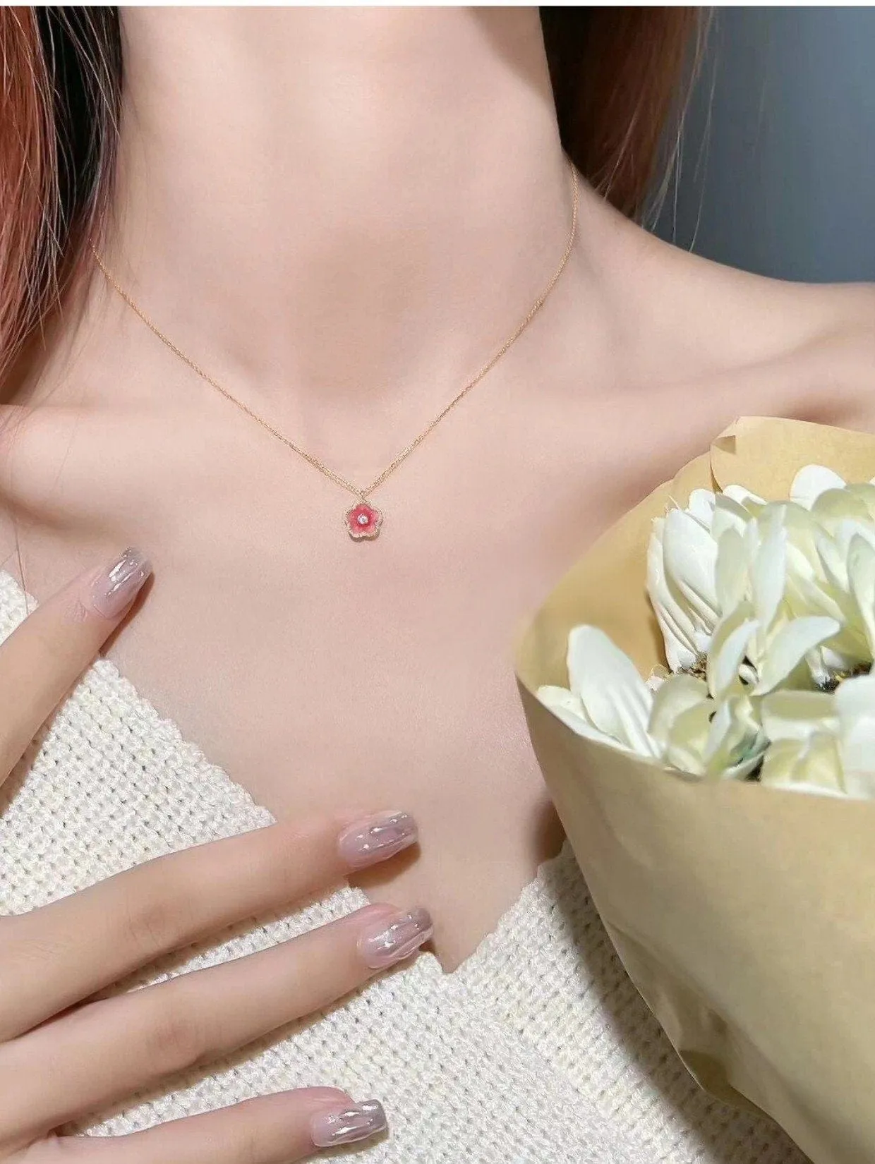 Charming Chic Pink Cherry Blossom Pendant Necklace